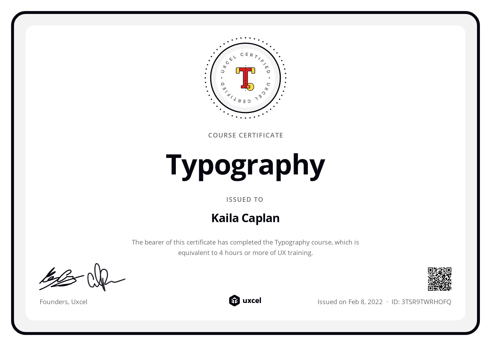 Kaila Caplan's certificate